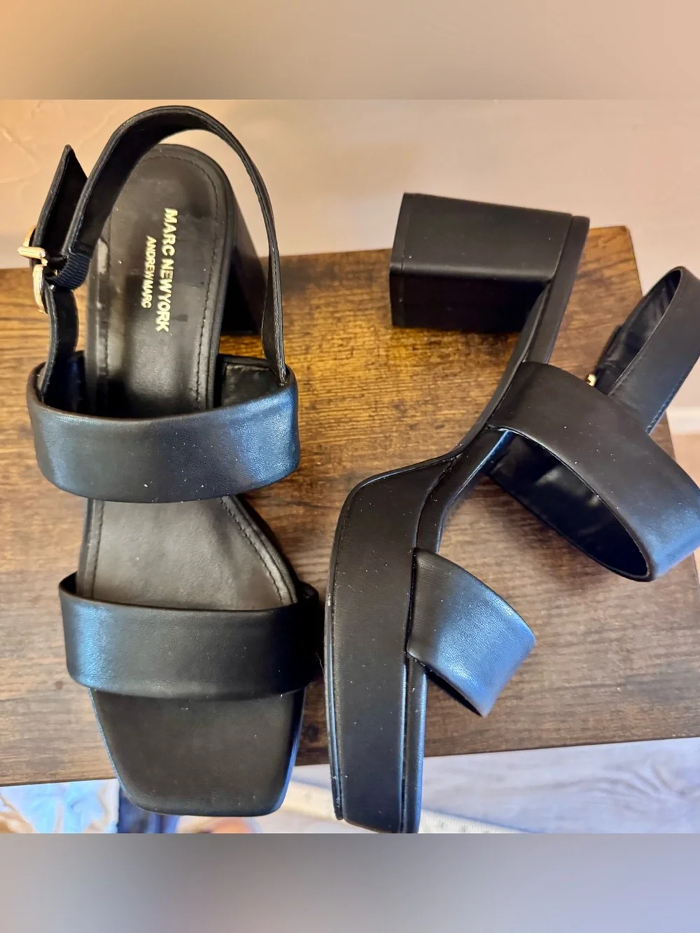 Andrew Marc, SERENA Black Platform Block Heel Sandals - Womens Sz 8.5